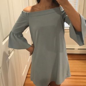 Powder blue off the shoulder dress.